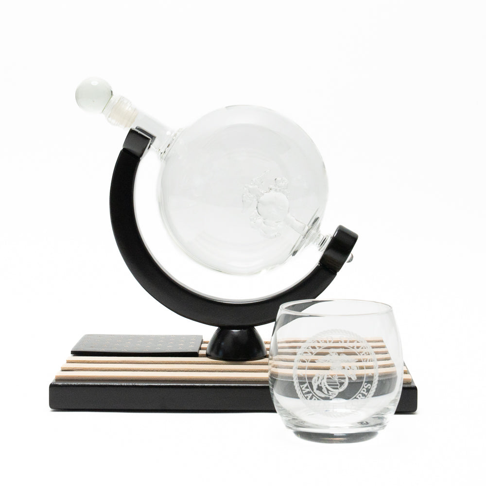 USMC Globe Decanter Set w/4 Emblem Glasses