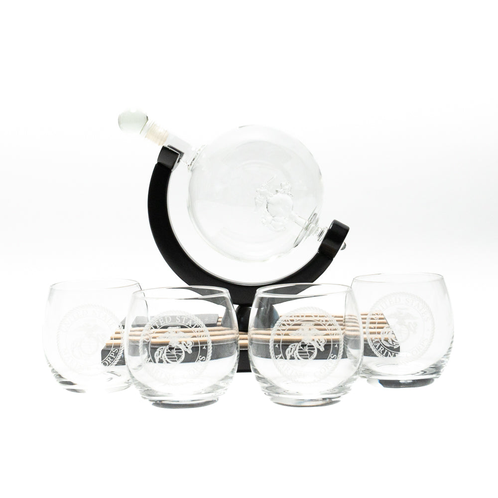 USMC Globe Decanter Set w/4 Emblem Glasses