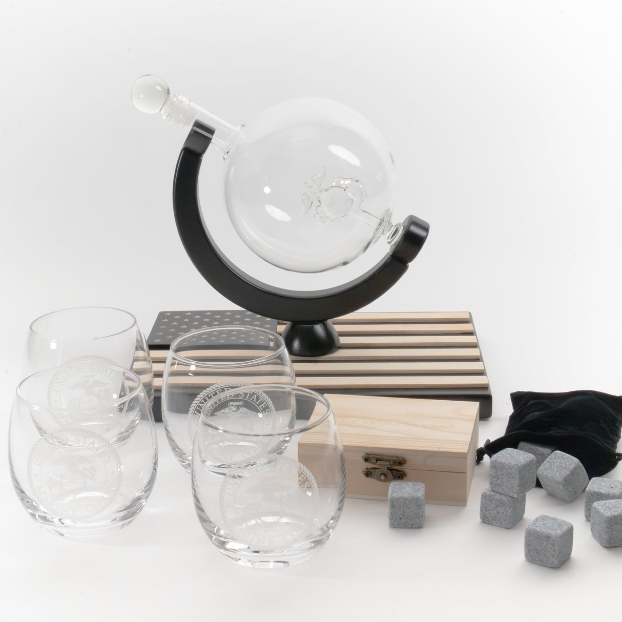 USMC Globe Decanter Set w/4 Emblem Glasses